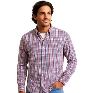 Johnnie O Prep Performance Shirt Mens Blue/Red Plaid Preppy Surfer Casual Size L